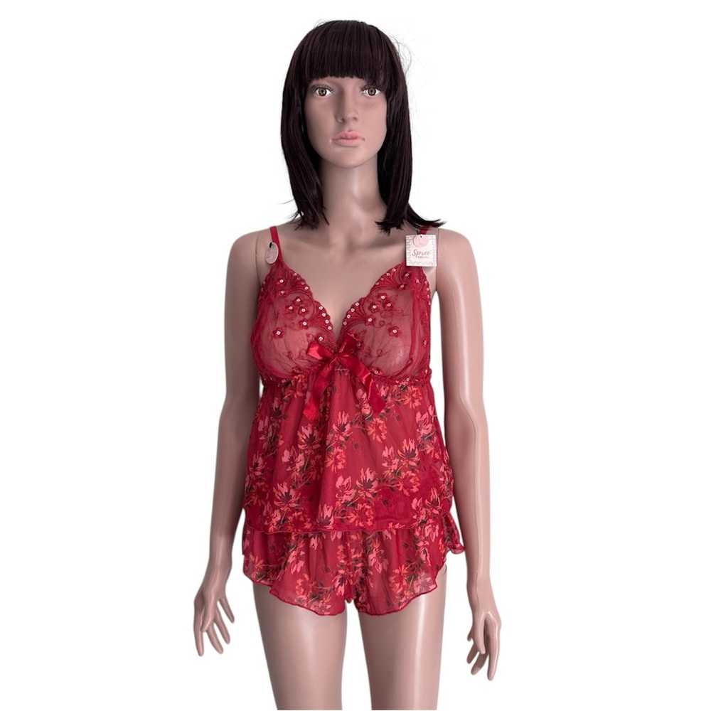 Spree Intimates Women’s Babydoll Red Floral Lace Cami Shorts Set Size Large NWT